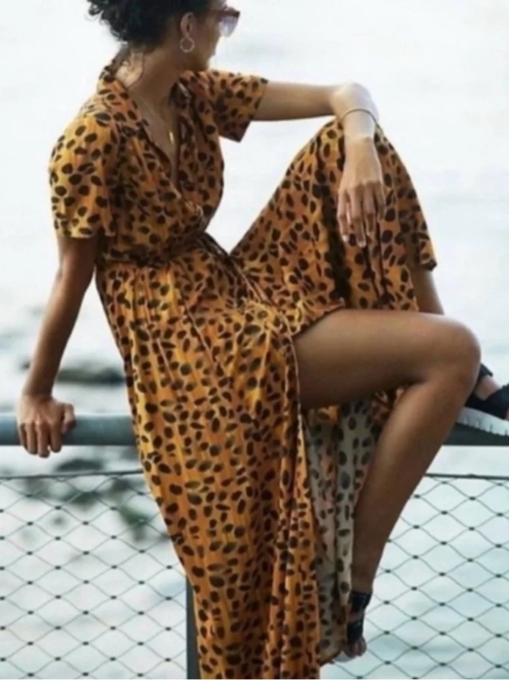 Anthropologie Porridge Leopard Cheetah Print Button Maxi Dress Waist Tie Sz 10